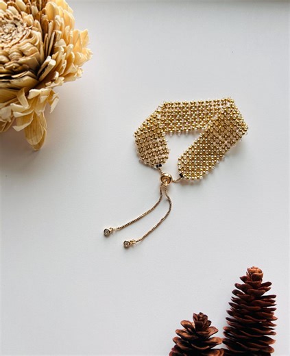 Bead Netting Bracelet – Handmade Miyuki Seed Beads, Gold & Iridescent Glass Bead, Adjustable - Etsy