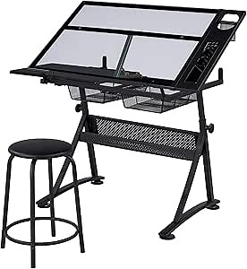 Topeakmart Height Adjustable Drafting Desk Artist Drawing Table Tilted Tabletop Art Desk Work Station w/2 Storage Drawers and Stool for Home Office