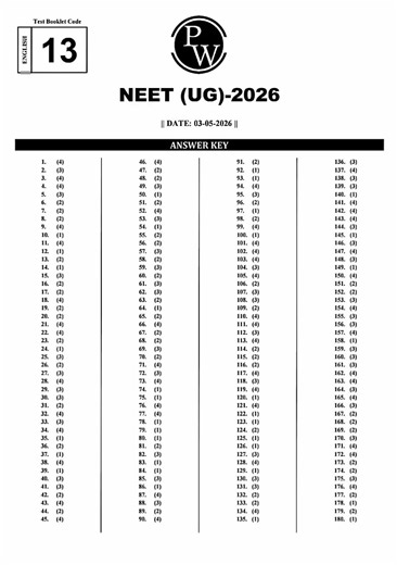 Neet 2026 answer key 🚀 | Code 13🔐 | Neet 2026 question paper with answer | Verma Study