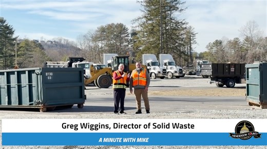 🎥 A Minute with Mike ⏱️ One minute. One county employee. A few good questions. In today’s episode, Mike sits down with Greg Wiggins, Director of Solid Waste, to talk trash… literally. From what he loves most about trash to what Greg loves about serving Henderson County, this quick chat puts a face to the work that keeps our community clean and running. Because behind every county service is a real person with a story. Tune in, get to know Greg, and catch the first episode of A Minute with Mike 