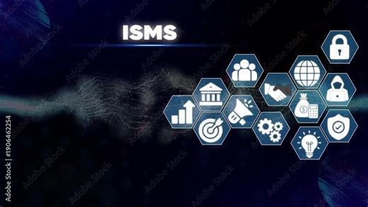Information Security Management System I S M S and Symbols for Cybersecurity and Data Protection Concepts