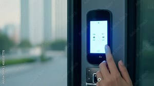 A chic young lady uses her smartphone to connect to the intercom to gain entry to the building.