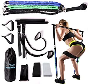 Pilates Bar Home Gym Equipment Set - for Portable Full Body Strength Workouts - 6 Resistance Bands, Bar, Ankle Strap, Door Anchor, 2 Hip Bands - Stack Up to 150lbs Resistance - by Big B Pro Sports