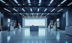 A modern exhibition space with interactive displays and a central information area.