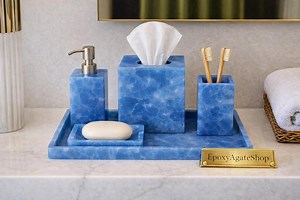 Handmade Blue Onyx Bath Accessories – Tissue Box Cover, Soap Pump, Tray & Toothbrush Holder - Etsy Canada