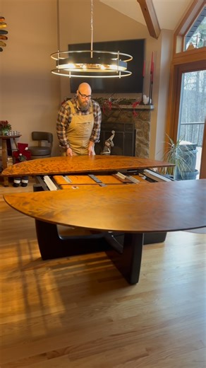 Blissmade Furniture Co. on Instagram: "Demonstrating the extension system in this table fabricated specifically for my design by @poettkerusa that allows a 6.5 ft round table to expand to nearly 10ft. #blissmade #thefinestkind #furnituredesign #diningtable #extensiontable @poettker_gmbh"