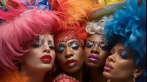 A group of drag queens dressed in extravagant outfits representing the LGBTQ+ subculture, Group of Women With Colorful Hair and Makeup