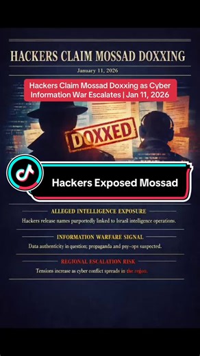 Hackers allege they have doxxed individuals linked to Israel’s Mossad, releasing names amid rising cyber and information warfare tensions. No independent verification has confirmed the data, but analysts warn the claims signal escalating regional cyber conflict and psychological operations. Dated January 11, 2026.
