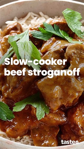 The best-ever beef strog is made in the slow cooker! Prep in 15, forget about it for 4 1/2 hours, and come back to meltingly tender meat in a deliciously rich and creamy sauce. Get the recipe here: https://www.taste.com.au/recipes/slow-cooker-beef-stroganoff/300344a5-907e-40c6-9464-48bf293202e8 | Taste.com.au