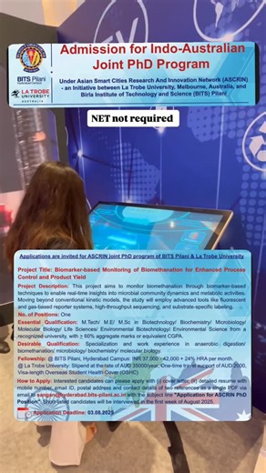 Gunjan Sharma| AIIMS Delhi on Instagram: "BITS Pilani & La Trobe University Phd Admission for Indo-Australian Joint PhD Program Essential Qualification: M.Tech/ M.E/ M.Sc in Biotechnology/ Biochemistry/ Microbiology/ Molecular Biology/ Life Sciences/ Environmental Biotechnology/ Environmental Science from a recognized university, with > 60% aggregate marks or equivalent CGPA. Application Deadline: 03.08.2025 #apply #phd #researcher #scientist #career #opportunity #phdlife #thesis"
