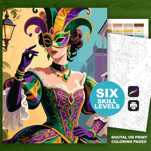 Masquerade Mask Paint by Number: Mardi Gras Coloring Pages (procreate, Printable, 6 Skill Levels) - Etsy