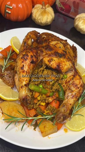 Recipe for Oven-Baked Cornish Hens! Perfect for Thanksgiving and Christmas! 🤎🎄✨ Ingredients 🛒 - 2 cornish hens 1 large potato 1/2 white onion 2 carrots 2 garlic cloves Rosemary Olive oil Paprika Lemon pepper Parsley Butter mix 🧈 1 stick of unsalted butter (half melted but not completely) 1 tsp chicken bouillon 1 tsp paprika 1 tsp parsley 1 tsp garlic powder 1 tsp red chili flakes Bake at 400°F for 1 hour. Remove and baste with the drippings. Bake for another 25–35 minutes (every oven is diff