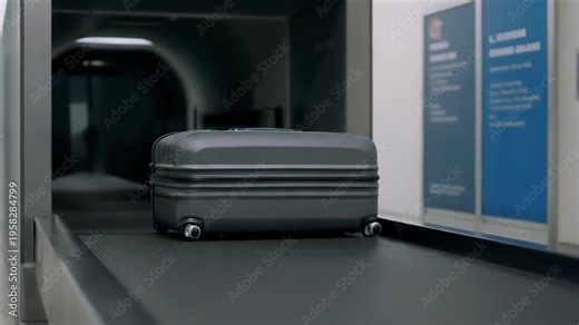 suitcase moving through airport security scanner, luggage passing inspection system, controlled checkpoint environment, travel safety procedure, screening process and transportation security concept