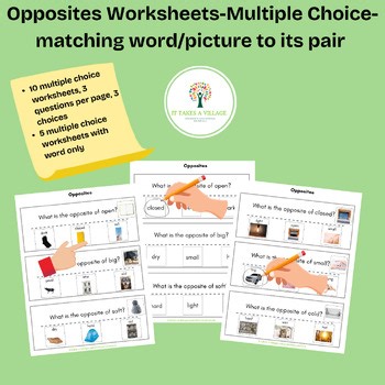Opposites worksheets-multiple choice-match word and photo (ABLLS-R C24, G13)