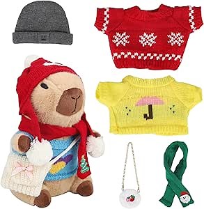 Capybara Plush for Boys Girls Birthday Dress Up Cute Plushies,10 Pcs Set,9 Clothes and Accessories Kawaii Stuffed Animal Plushie Toy, Soft Peluche Doll for Kids 10.2 in