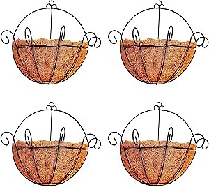 ShopLaLa Wall Hanging Planter for Outdoor Plants (4 Pack, 12 Inch) Wall Mounted Flower Baskets with Coco Liner for Outside Plant, Fence Railings Pots Holder Balcony Deck Porch Garden Decor Indoor