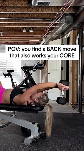 Dumbbell Bench pullovers have to be one of my top 10 exercises! LOVE THEM! 🔥💯 Tips: keep that lower back pressed to the bench, no arching (one thing that helps with this is to put both feet on bench) and a pelvic tilt forward and down! This move should not be one that you’re lifting very heavy, especially when you’re wanting to try to engage that deep core! #backworkout #coreworkout #corestrength #workouttips #homeworkout #athomeworkouts | Movement With Julie