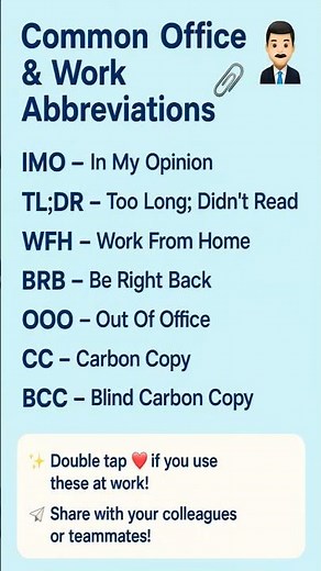 👉 Top Office Abbreviations You MUST Know 💼 | Work From Home to OOO Explained in 30 Secs! #shorts #yt