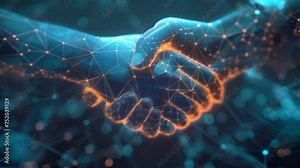 A holographic image of a handshake between two figures emphasizing the networking opportunities available at the virtual investment seminar.