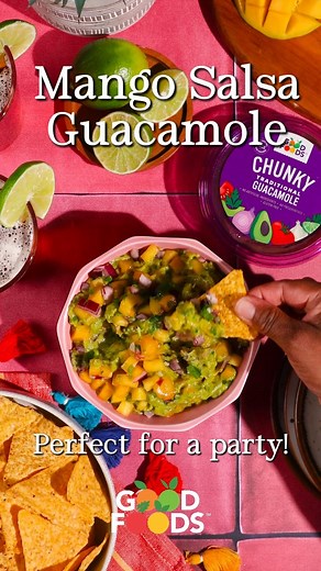 Top your Good Foods Chunky Guacamole with mango salsa for a refreshing twist on your favorite guac 🥑🥭 Delicious flavors perfect for bringing to a party! | Good Foods
