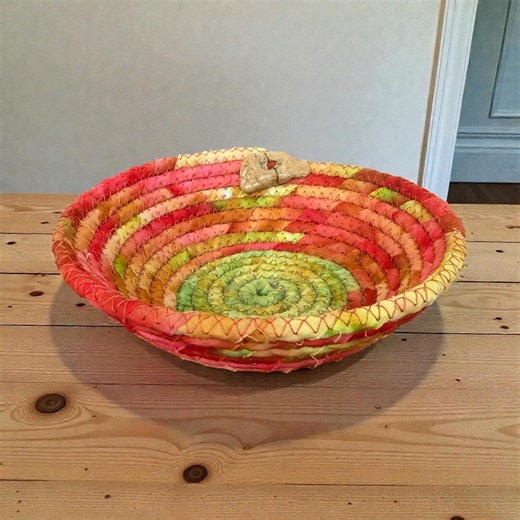 Handmade Coiled Rope Basket - Orange Fabric Bowl With River Stone - Etsy