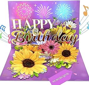 Ecloverlife Musical Birthday Cards for Women, Pop Up Flower Birthday Cards with Lights & Fireworks, Happy Birthday Gifts for Women, Wife, Mom, Grandmothers, Sisters