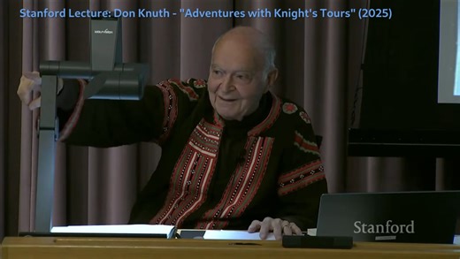 Donald Knuth gave me a shout-out on Thursday during his annual Christmas lecture at Stanford University, "Adventures in Knight’s Tours". He highlighted my computation of the number of closed knight’s… | Johan de Ruiter