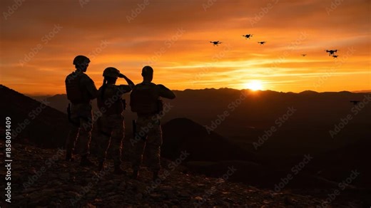 Three military personnel silhouettes observe surveillance drones flying above desert hills at a vibrant sunset, concept for military defense, homeland security and future warfare technology