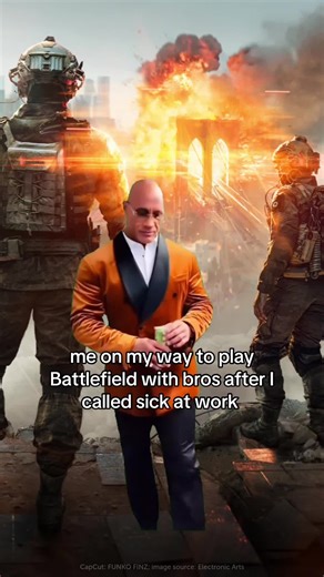 5.7K views · 18 reactions | We call it 'Work-life balance'  [Visual description: Funny Battlefield meme showing a confident man in a stylish orange jacket walking in front of a fiery battlefield scene with soldiers and explosions. The caption reads: “Me on my way to play Battlefield with bros after I called sick at work.”] | Kinguin | Facebook