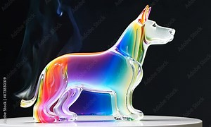 Abstract sitting dog, made of colorful transparent glass in the style of fluid lines, on a black background, minimalistic design, smooth curves, and gradient colors, with colorful smoke waves