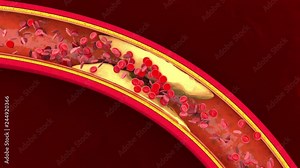 3D rendered Animation of Hemoglobin cells flowing through a clogged Artery developing the illness Arteriosclerosis. Stock Video