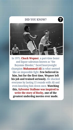 In 1975, Chuck Wepner, a part-time boxer and liquor salesman nicknamed "the Bayonne Bleeder," stepped into the ring with heavyweight champion Muhammad Ali. Nobody believed he could last, but for the first time in his career, Wepner trained seriously. Against all odds, he knocked Ali down once and lasted 15 grueling rounds. Watching this fight, Sylvester Stallone was inspired to write the story of *Rocky*, creating one of the greatest underdog films in movie history. 🔖 Hashtags: 🥊 Video Specifi