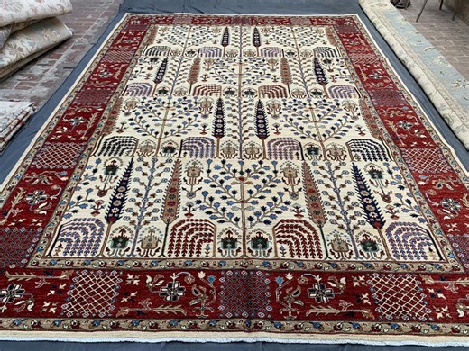 Tree of Life Rug 10x14 - Hand Knotted Wool Area Rug - Afghan Paradise Garden Design - Cream & Red Oversized Living Room Carpet - Etsy