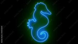 Neon glowing seahorse that changes colors with a black background.