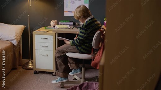 Full slowmo shot of focused blond Caucasian student boy sitting on rolling computer chair at well-organized study desk and concentrating on school assignment, demonstrating academic motivation