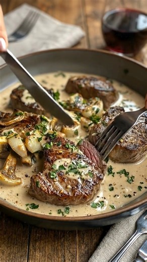Garlic Cream Sauce Steak *This is the kind of steak dinner that feels a little indulgent, the sort you make when you want to slow down and enjoy a really good meal. Perfectly seared steak paired with a rich, creamy garlic sauce turns an ordinary evening into something that feels special—without being complicated.* What You'll Need 2 ribeye or sirloin steaks, about 1 inch thick Salt and pepper, to taste 2 tablespoons olive oil 4 cloves garlic, minced 1 cup heavy cream ½ cup grated Parmesan cheese