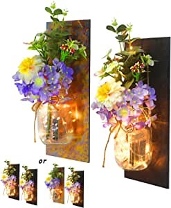 Daluis Rustic Wall Sconces Mason Jar Wall Decor with Remote Control and Rusty Mustang Slate Boards, Farmhouse Living Room Home Wall Decorations