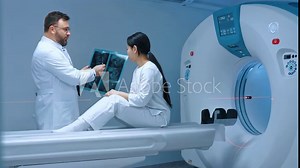 Doctor making analysis of MRI scanning. Doctor holding tomography scan and talking to patient. Patient sitting at CT scanner. Doctor concluding result of MRI procedure. Magnetic resonance imaging.