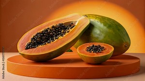 Showcase of vibrant papaya fruit, revealing its juicy flesh and black seeds, highlighting its tropical freshness, perfect for healthy food content and dietary information.