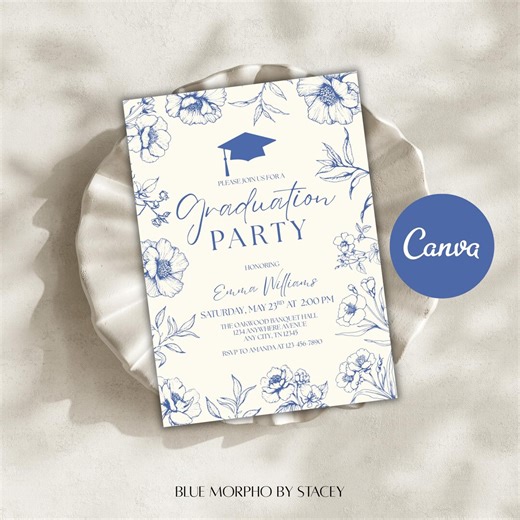 Blue Floral Graduation Invitation | Graduation Event (canva Template) - Etsy