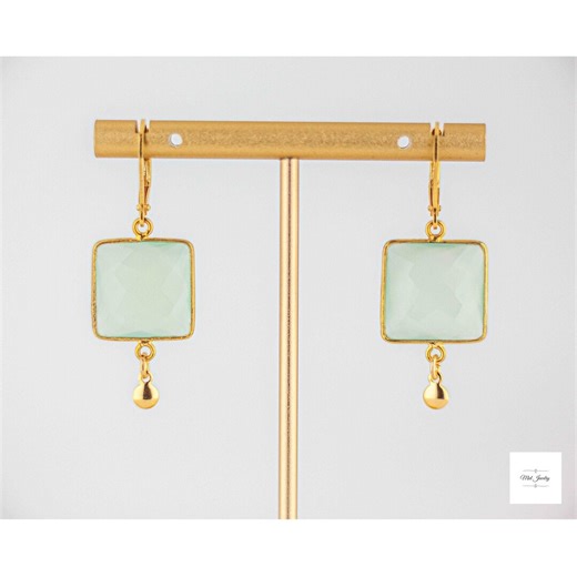 Light Lime Green Chalcedony Earrings: Square Shaped Gold Drops, Vintage Style - Etsy