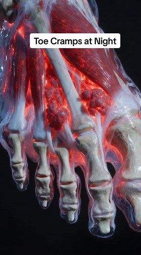Sudden toe cramps can feel intensely painful. They happen when the small muscles in your toes contract uncontrollably. This can be triggered by dehydration, fatigue, or muscle overuse. That’s why toe cramps often happen during the night or after long activity. #toecramp #musclecramp #bodyfacts #medicaleducation #scienceexplained