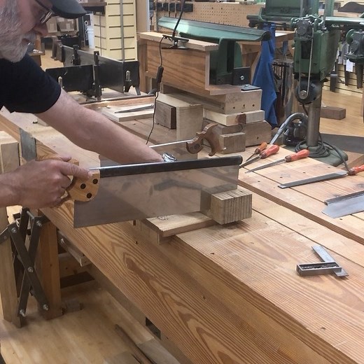 Making square off-cuts in 12/4 white oak with one of our 18” tenon saws filed 11 ppi hybrid (.025 plate)—this is my favorite saw for bench building, ripping big tenon cheeks, cutting long dados & rabbets, and can even be employed with a Stanley No. 150 in miter saw mode saw. #tenonsaw #badaxetoolworks | Bad Axe Tool Works