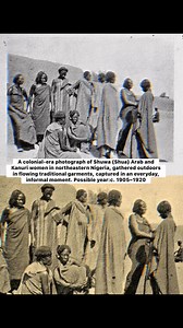 A colonial-era photograph of Shuwa (Shua) Arab and Kanuri women in northeastern Nigeria, gathered outdoors in flowing traditional garments, captured in an everyday, informal moment.Possible year:c. 1905–1920 | Tudun Tsira