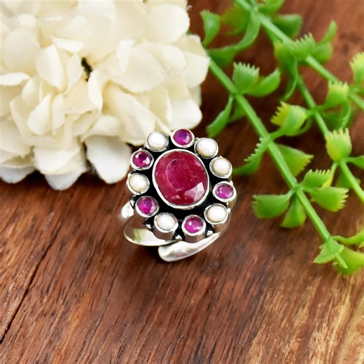 Ruby Pearl Sterling Silver Ring: vintage style Cluster Ring