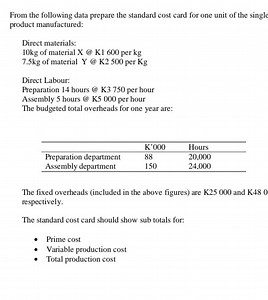 From the following data prepare the standard cost card for one ... | Filo