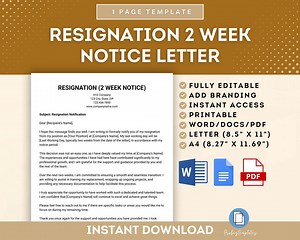 Resignation 2 Week Notice Letter Template, Two Week Notice Resignation Letter, Formal 2 Week Notice Letter, Employee Two Week Notice Letter - Etsy