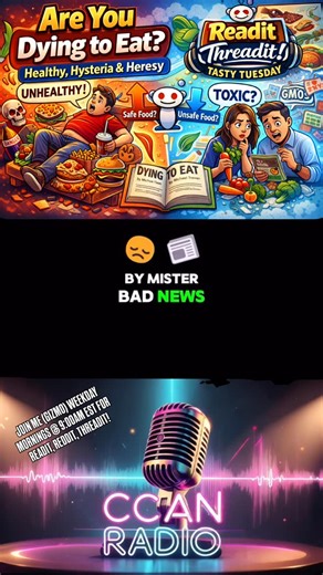 The Content Creator & Artists Network on Instagram: "⏰ - 5 minutes from today’s Readit, Reddit, Threadit! Are you dying to eat — or just confused, overwhelmed, and exhausted by modern food culture? On this Tasty Tuesday episode of Readit, Reddit, Threadit!, we dive into the real conversations people are having online about food, health, fear, and confusion — inspired by the book Dying To Eat by Michael Trevan. We explore: • What’s really making us “fat and lazy” • Whether modern food is actually