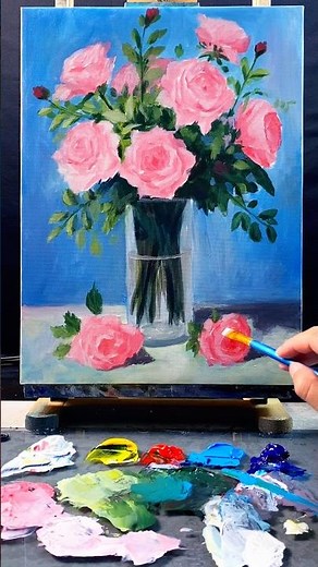 🌹 Painting Soft Pink Roses in a Glass Vase #huyhoihoaart #acrylicpainting #art