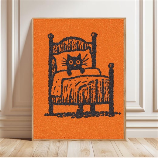 Modern Whimsical Black Cat Art, Bold Orange Eclectic Pet Lovers Canvas - Etsy